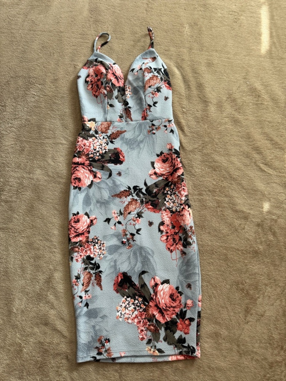 Floral Bodycon Midi Dress in Light Blues and Pink